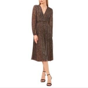 Msk Petite Metallic Surplice-Neck MIDI Dress - Bronze